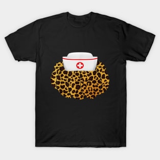 Halloween Costume Nurse Hat Leopard Print Pumpkin T-Shirt